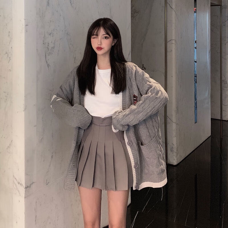 社会女早秋学院风jk套装裙女快手网红同款针织毛衣外套百褶短裙毛衣