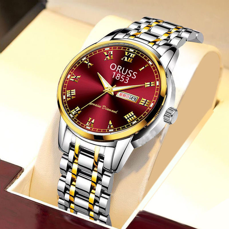 oruss品质自动机芯男生手表防水夜光日历钢带潮流机械表表 罗马男款金