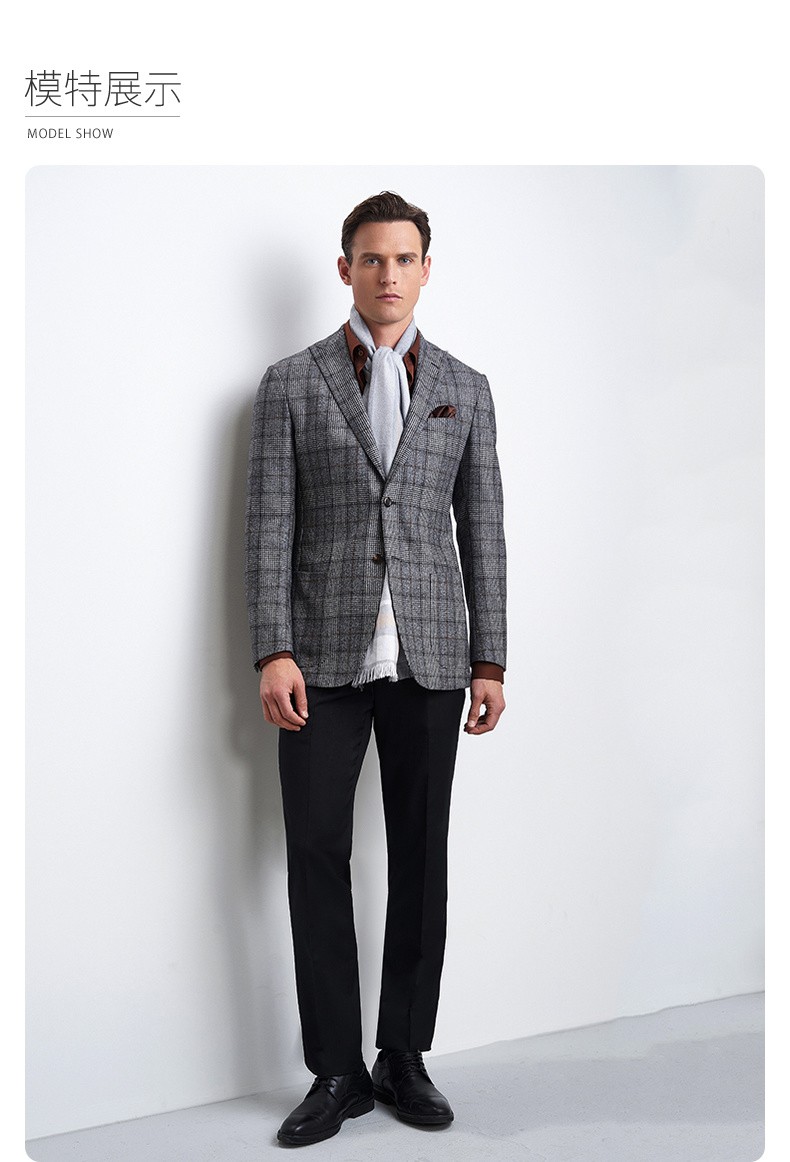同款男士单西服时尚格纹纯羊毛西装外套男商务vbs19310373 灰色格纹