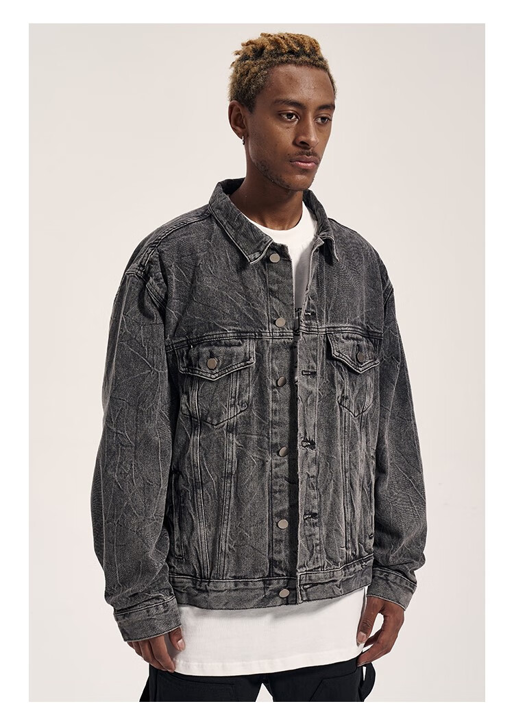 福神冬高街水波纹水洗做旧压纹休闲宽松牛仔夹克潮牛仔衣秋外套男