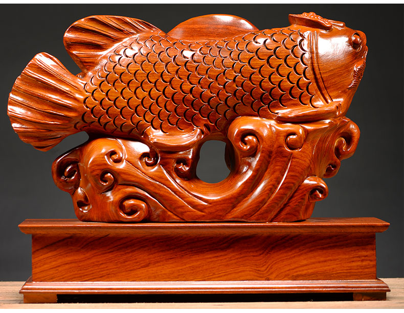 仙莱阁实木雕刻金龙鱼摆件木头鱼年年有余家居客厅装饰红木办公室商务