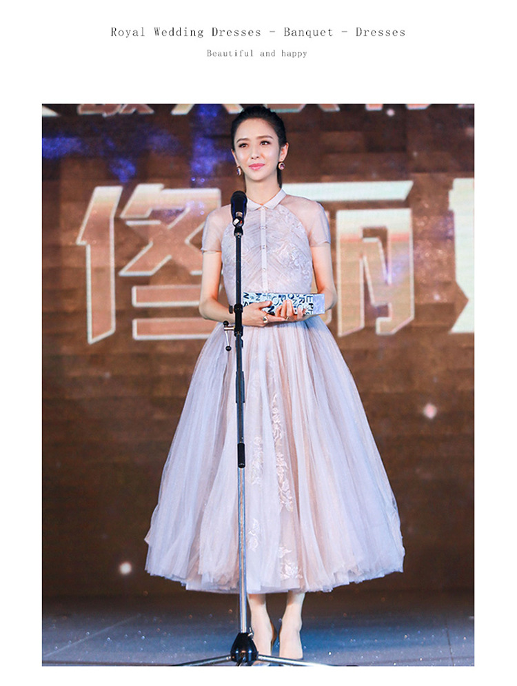 学生韩版中长款朗诵派对演出演讲比赛钢琴演出服学生艺考礼服浅灰色xs