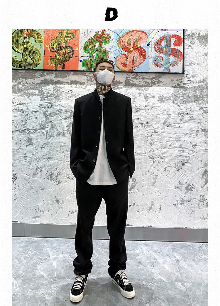 特价捡漏富贵鸟两件套网红街头痞帅休闲纯色中山装套装