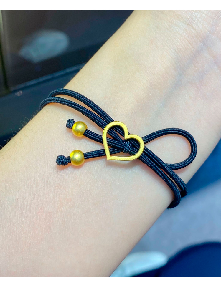 庆怡珠宝999足金爱心黄金头绳女款3d硬金心形头饰金转运珠发饰扎头发