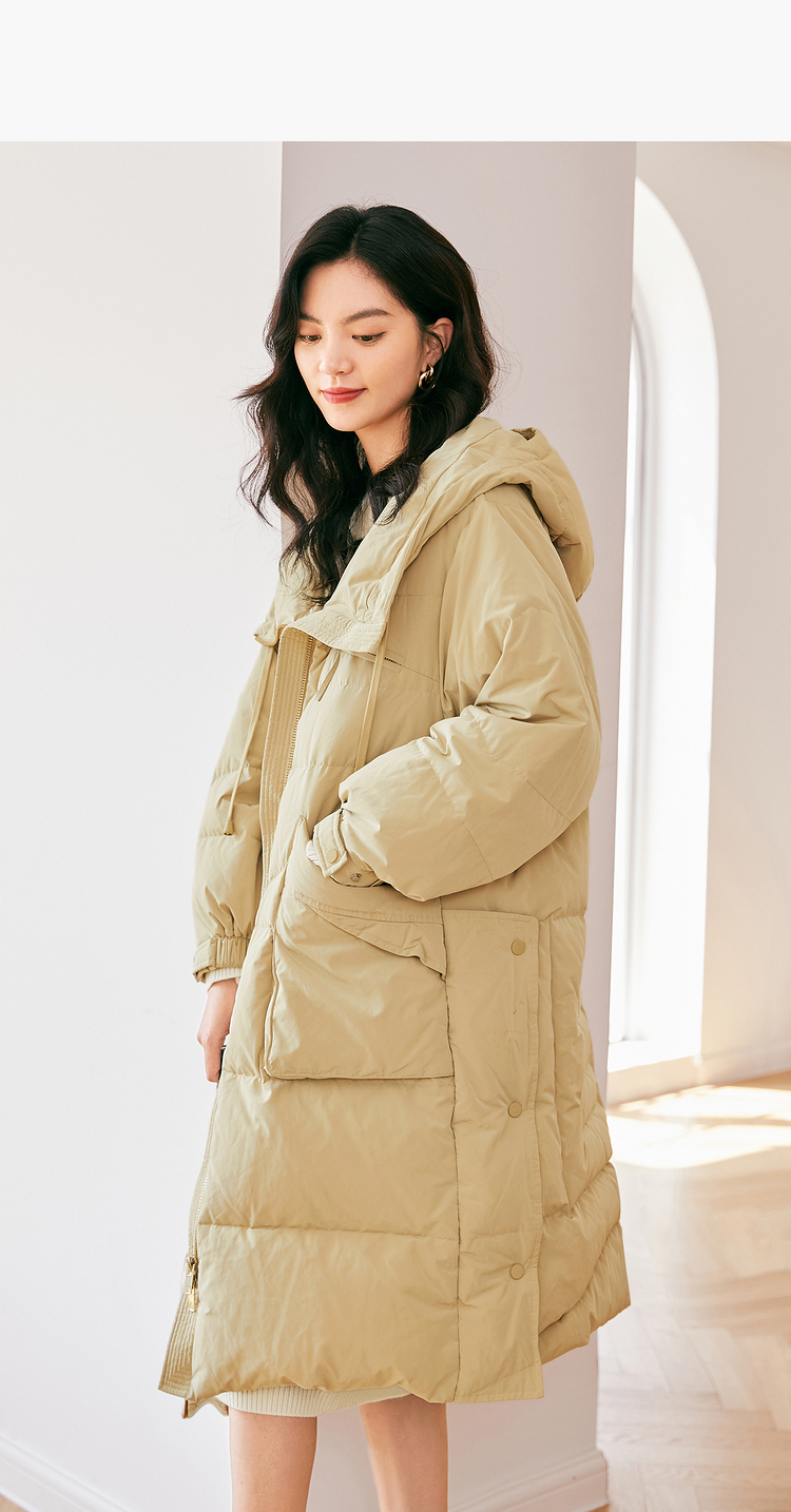 伊芙丽中长款羽绒服女2021秋冬季新款加厚保暖白鸭绒韩版外套x0a芥黄