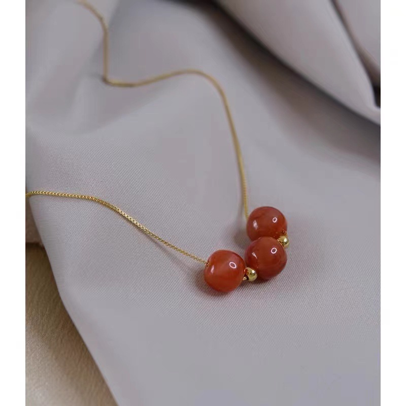 antis925银红玛瑙国风项链女锁骨链银饰吊坠轻奢时尚首