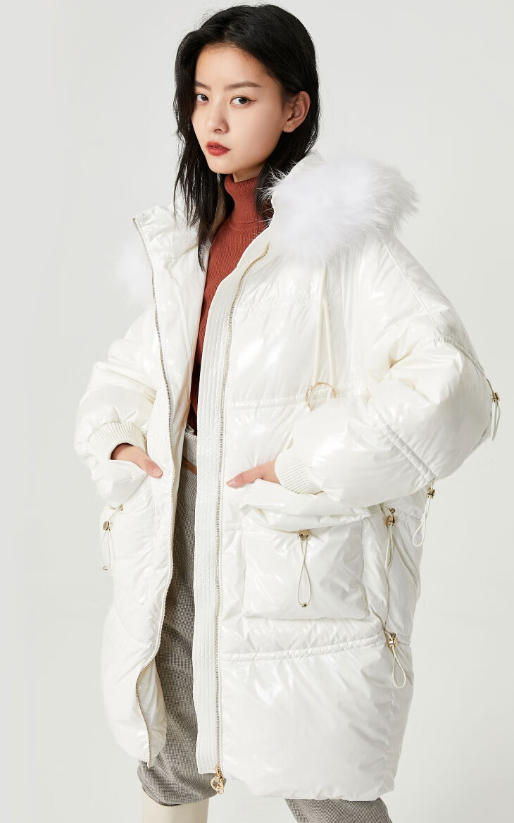only2021冬季新款90绒中长款简约时尚亮面连帽羽绒服女120412060020白