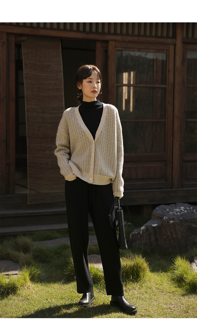 奇蕴15nm澳洲进口羊毛可然2021秋冬新款毛衣开衫外套女霜灰绿s
