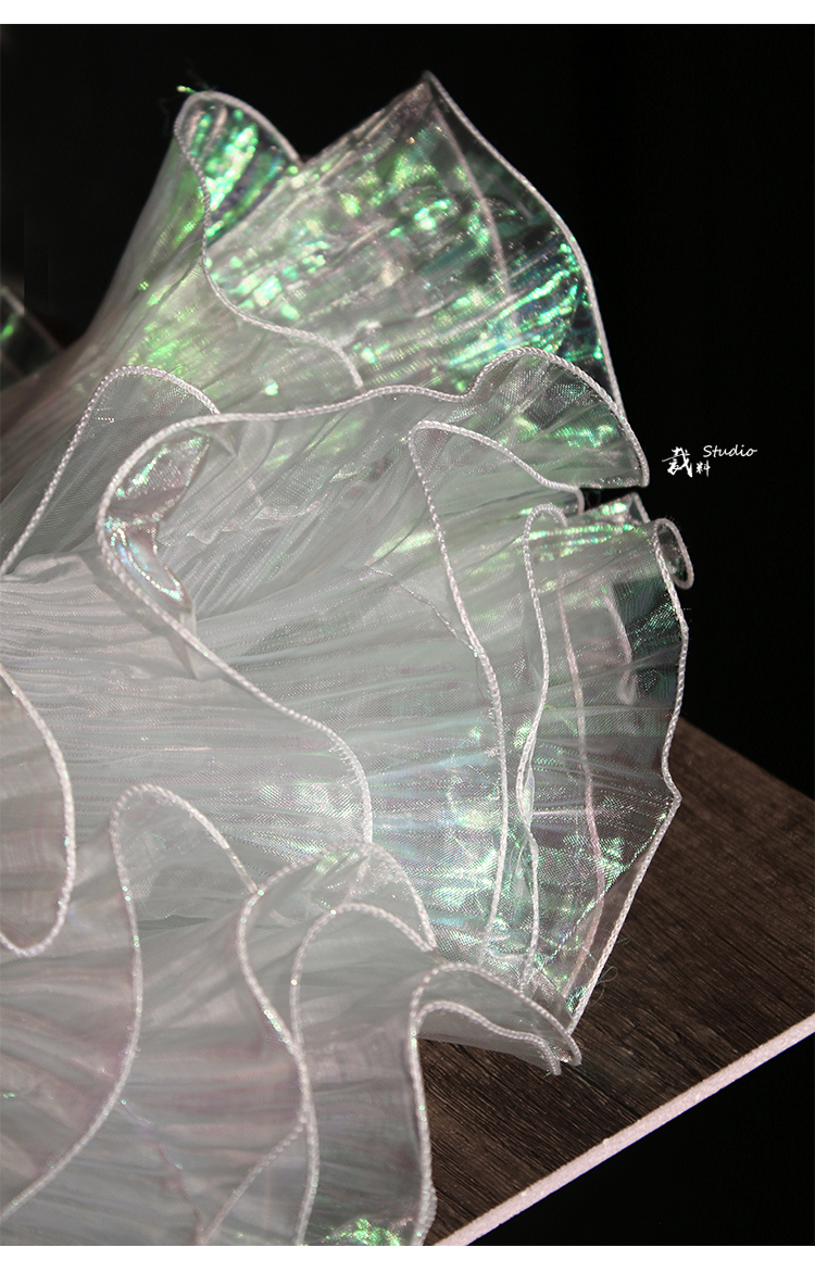 奴诗漫人鱼透荷叶边立体褶皱大花边幻彩渐变欧根纱布料装饰面料辅料