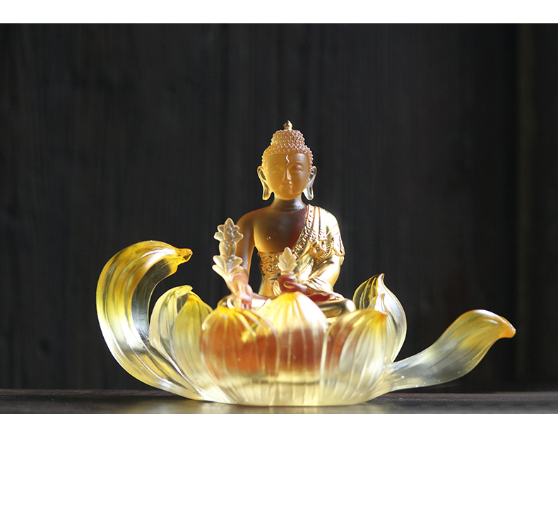 茗琉璃精舍琉璃摆件 佛像5寸贴金药师佛莲花烛台佛龛莲花座佛供佛座