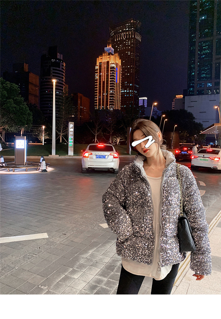 妮蓓诺粉色亮片服女小个子短款时尚冬装宽松休闲外套黑色s