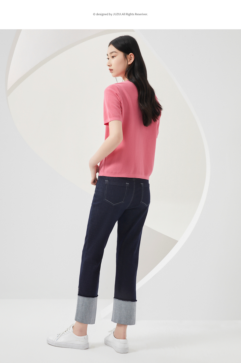 玖姿2021秋季新款粉色休闲运动风简约女针织衫 花桔红 s