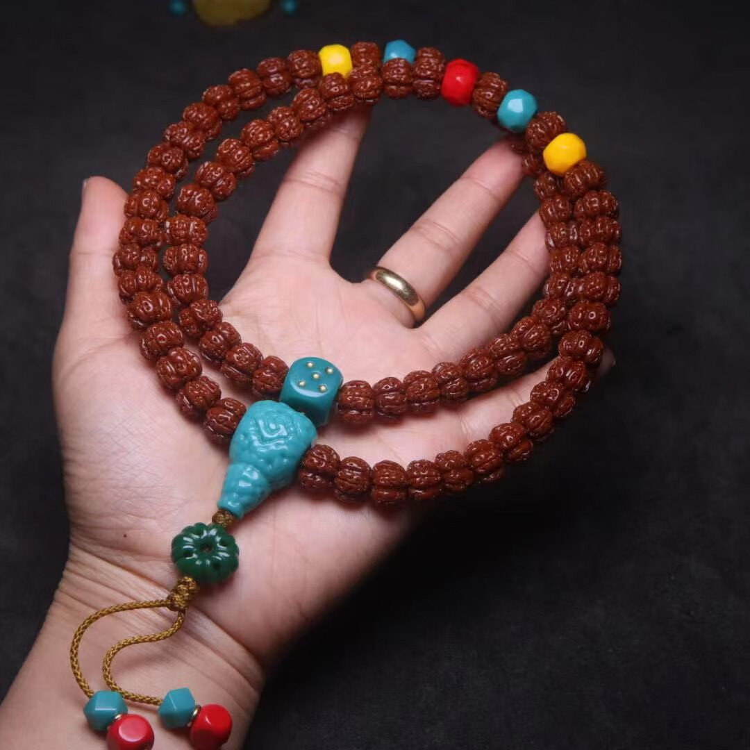 儒香阁雪巴琉璃 背云侧挂隔珠 藏式料器菩提 手串108长串diy配饰 蓝色