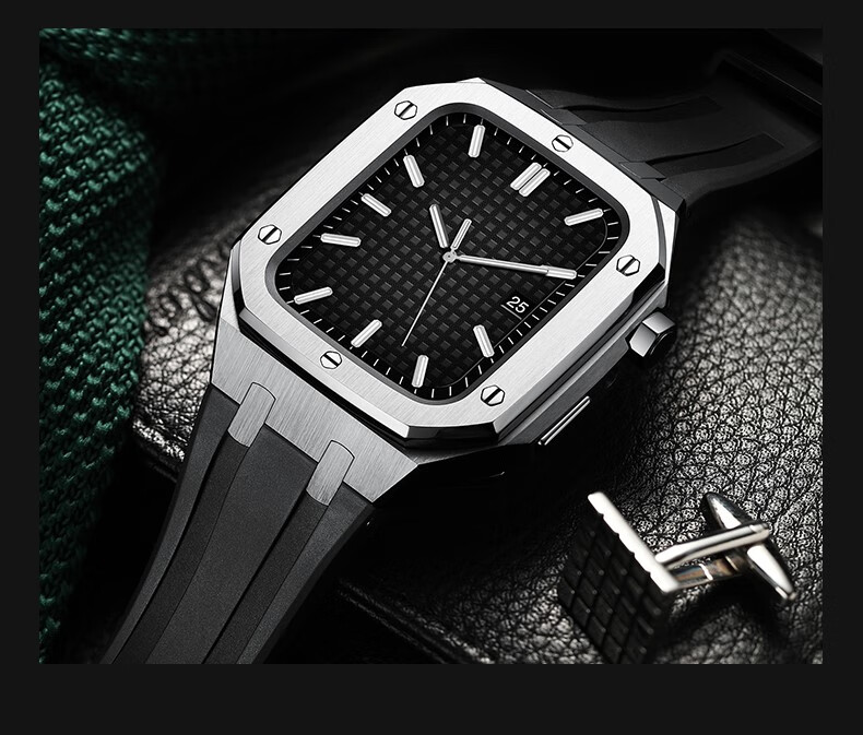 watch78金属苹果硅胶表带改ap橡树改装se/4/5/6精钢表 【银色】黑胶带