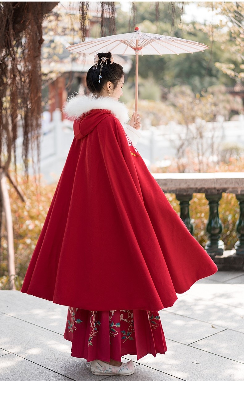kuailjr斗篷汉服女毛领冬款加绒中国风毛呢披风斗篷女冬长款红色均码