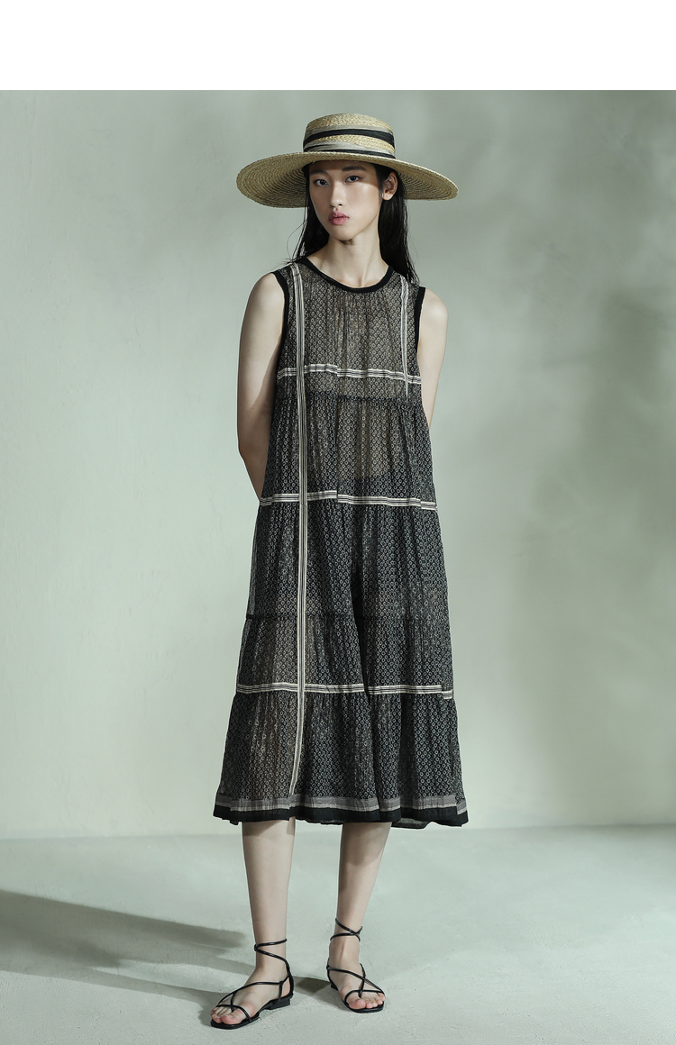 达衣岩自由烂漫洒脱2022年夏季新品长款条纹印花连衣裙女然乌黑s