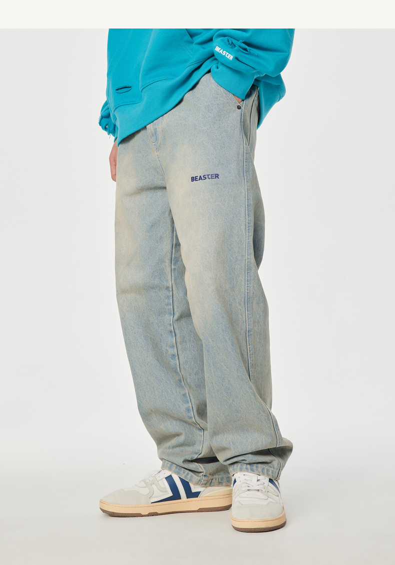 beaster小恶魔鬼脸复古牛仔裤秋冬款宽松做旧街头潮流