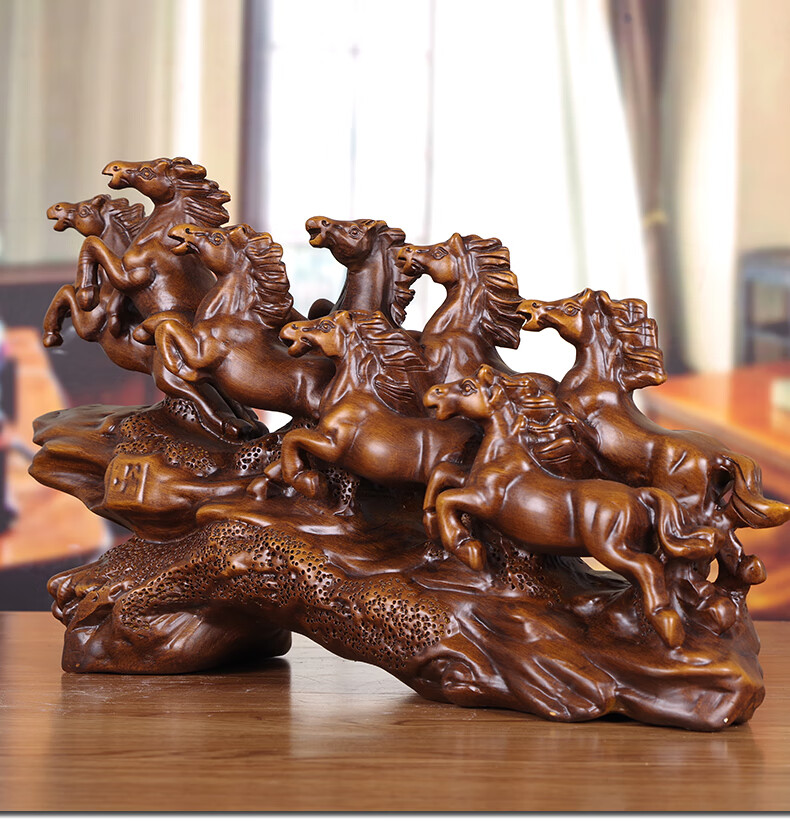 笼趣实木雕八骏马摆件大号八骏图办公室桌面工艺品公司开业乔迁送礼品