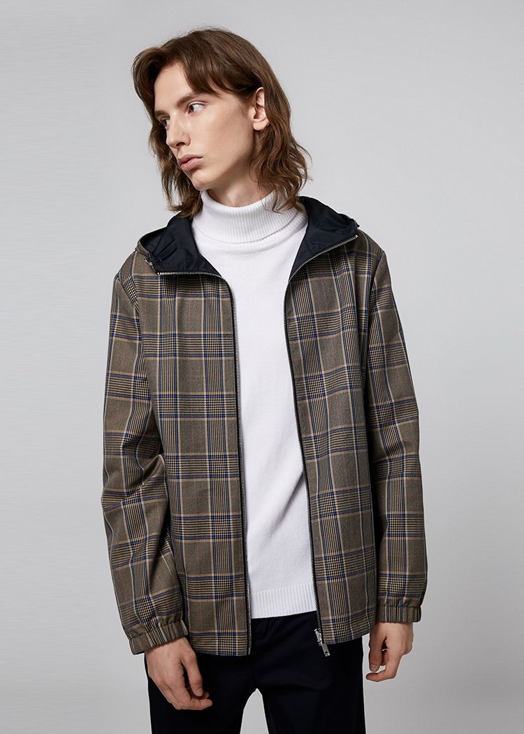 jackjones杰克琼斯男秋连帽休闲格纹纯色双面穿夹克外套219321519 棕