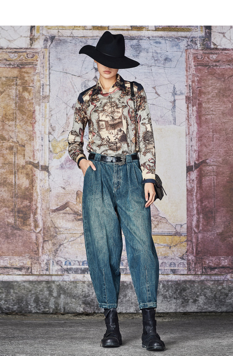 达衣岩宫廷古典对称印花落肩衬衫2021秋季新款尖领长袖衬衣女飞蕠卡其