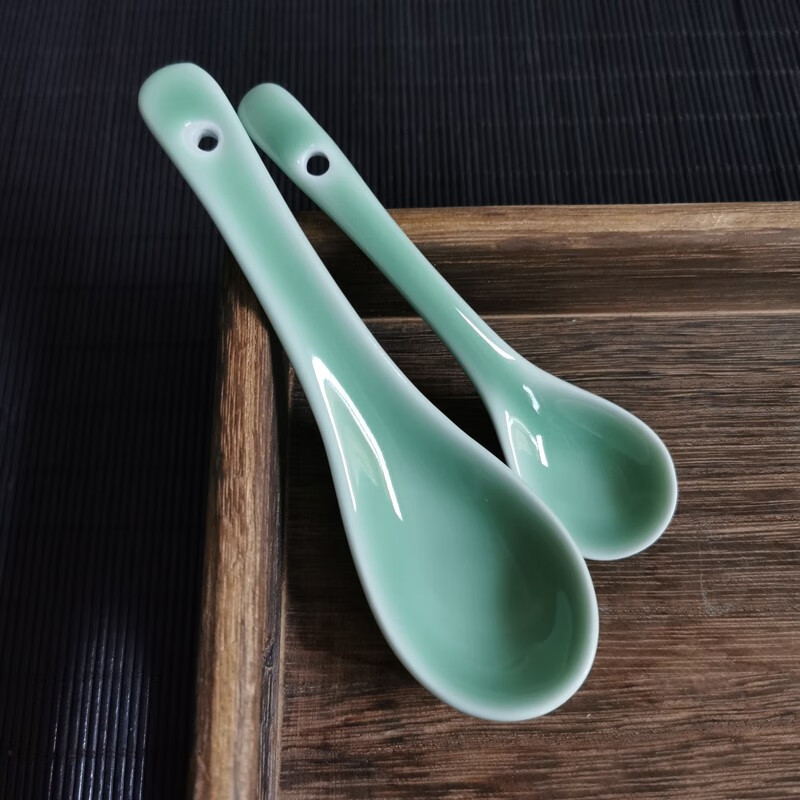 涵青堂龙泉青瓷餐具牡丹汤匙陶瓷小勺子汤勺瓢羹吃饭标准小调羹小瓢儿