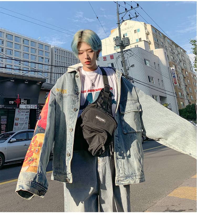 leman金俊牛仔夹克男嘻哈宽松上衣韩版原宿bf风炸街款外套春 牛仔蓝 m