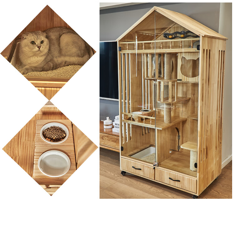 猫笼别墅豪华实木三层猫柜猫房玻璃猫屋猫舍公寓家用带厕所可定制定制