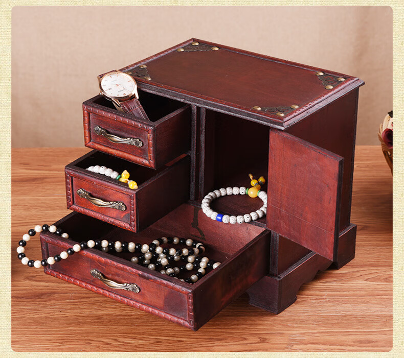 可狄(kedi) 复古梳妆盒仿古宫廷首饰盒中式古典木制带镜子创意结婚