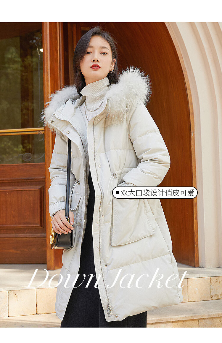 大毛领羽绒服女中长款衣香丽影2021年冬装流行抽绳加厚外套潮卡其棕s