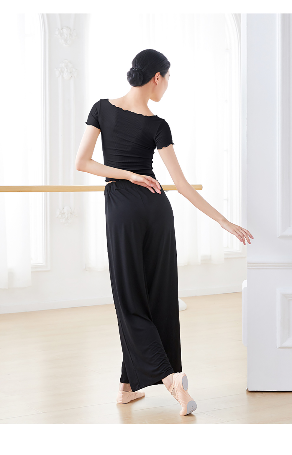 艾舞戈现代舞蹈服女短袖上衣v领形体训练中国舞练功服成人芭蕾舞 黑色