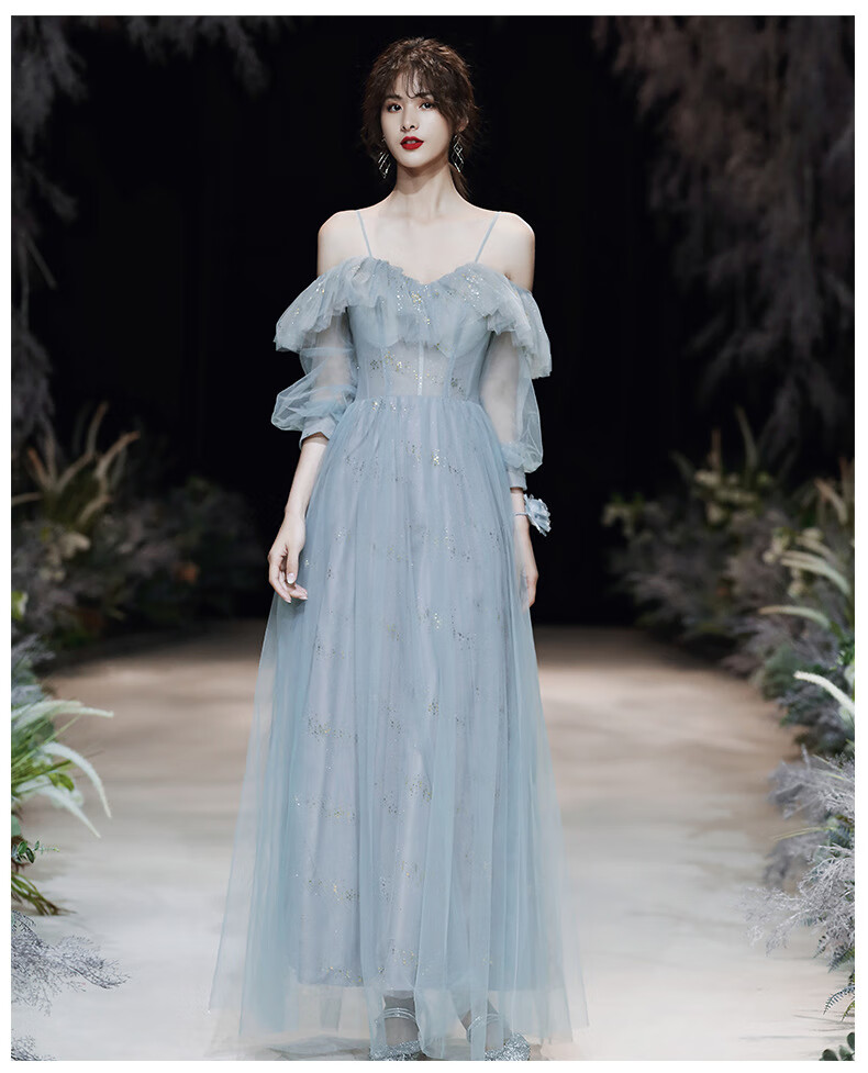 主持人吊带模特走秀森系成年礼仙气伴娘服气质年会晚礼服吊带中袖s