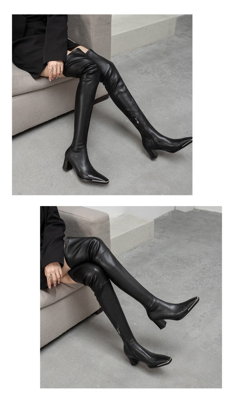 欧美过膝长靴女方头高跟漆皮弹力靴大码41-43不掉筒粗跟包腿显瘦