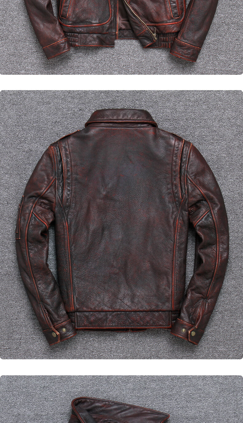 viiboy头层牛皮真皮皮衣男士修身短款机车皮夹克翻领飞行服复古做旧皮