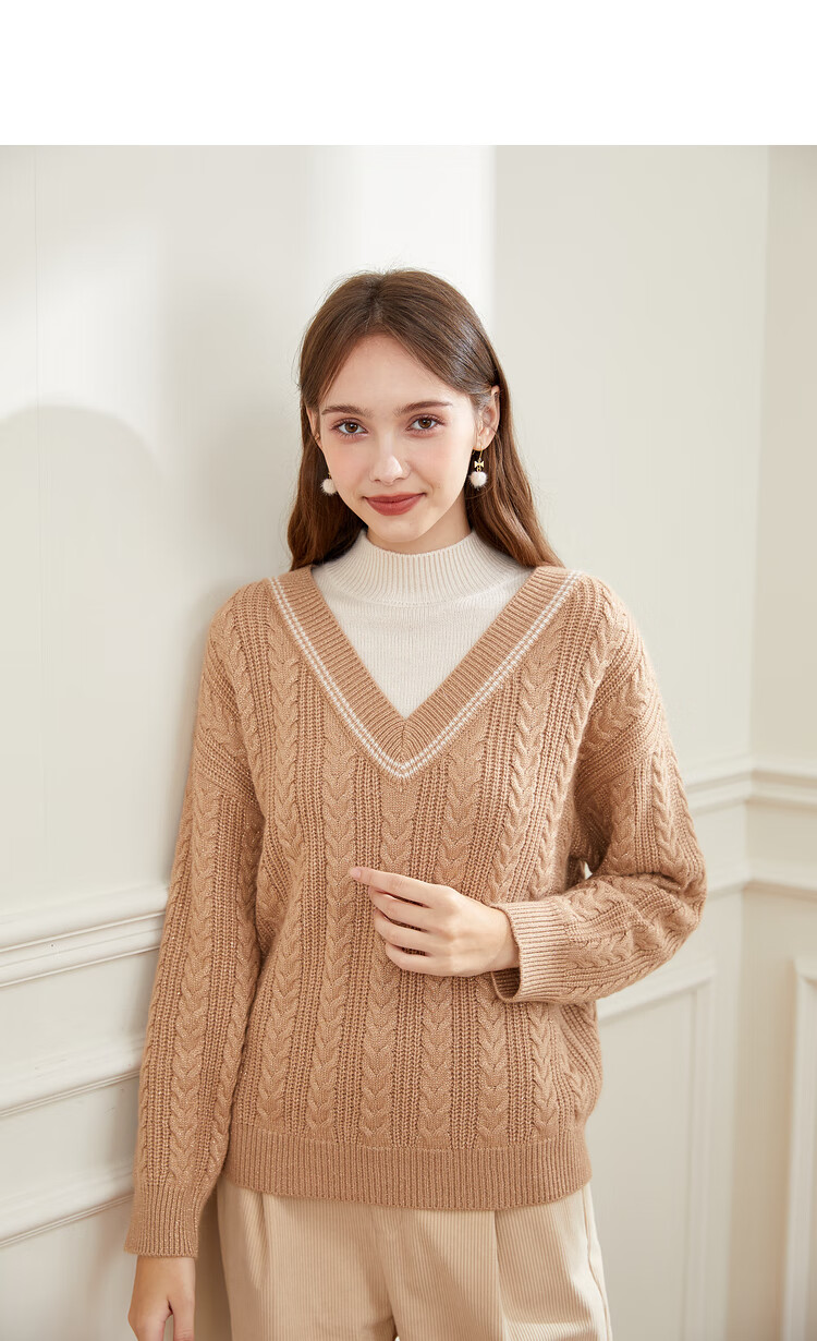秋水伊人假两件麻花纹理毛衣2021年冬新品女装套头毛衣 卡其色 xl