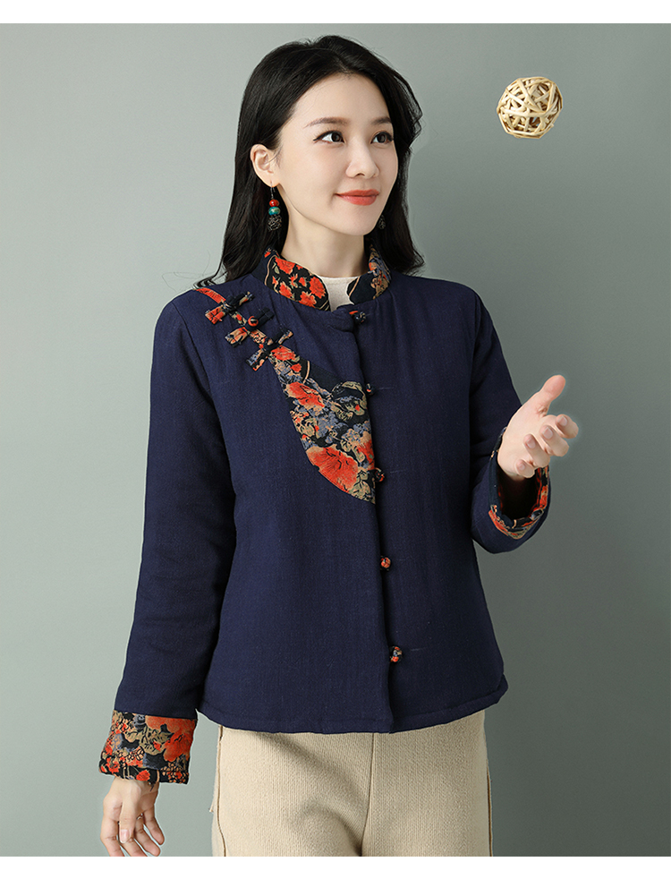 ぃ皮尔卡丹品牌高档女装棉服女冬季加厚复古盘扣棉麻唐装小棉袄女短款