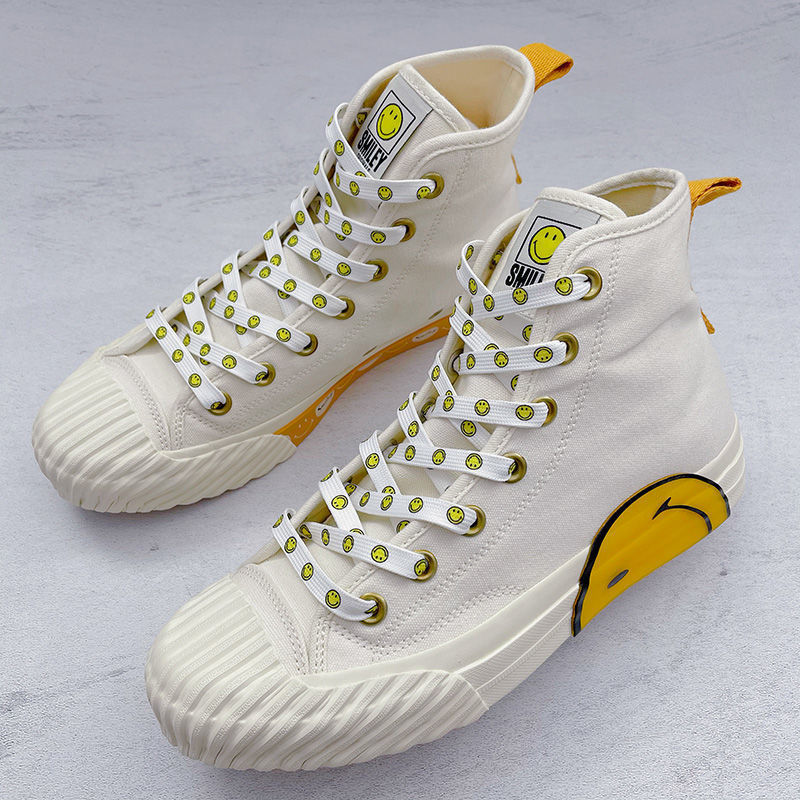 适配smileyoriginals高低帮笑脸帆布鞋女黑白黄色笑脸鞋带绳扁平白底