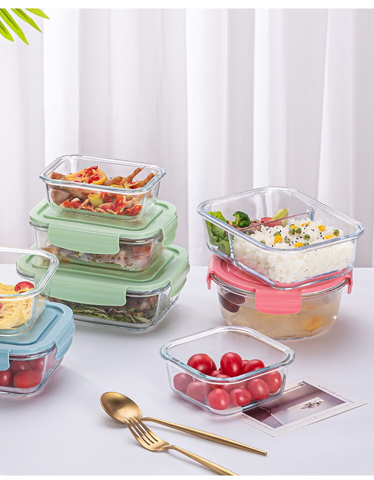 玻璃饭盒微波炉可加热 专用上班族带盖餐盒水果便当盒分隔保鲜盒碗 浅