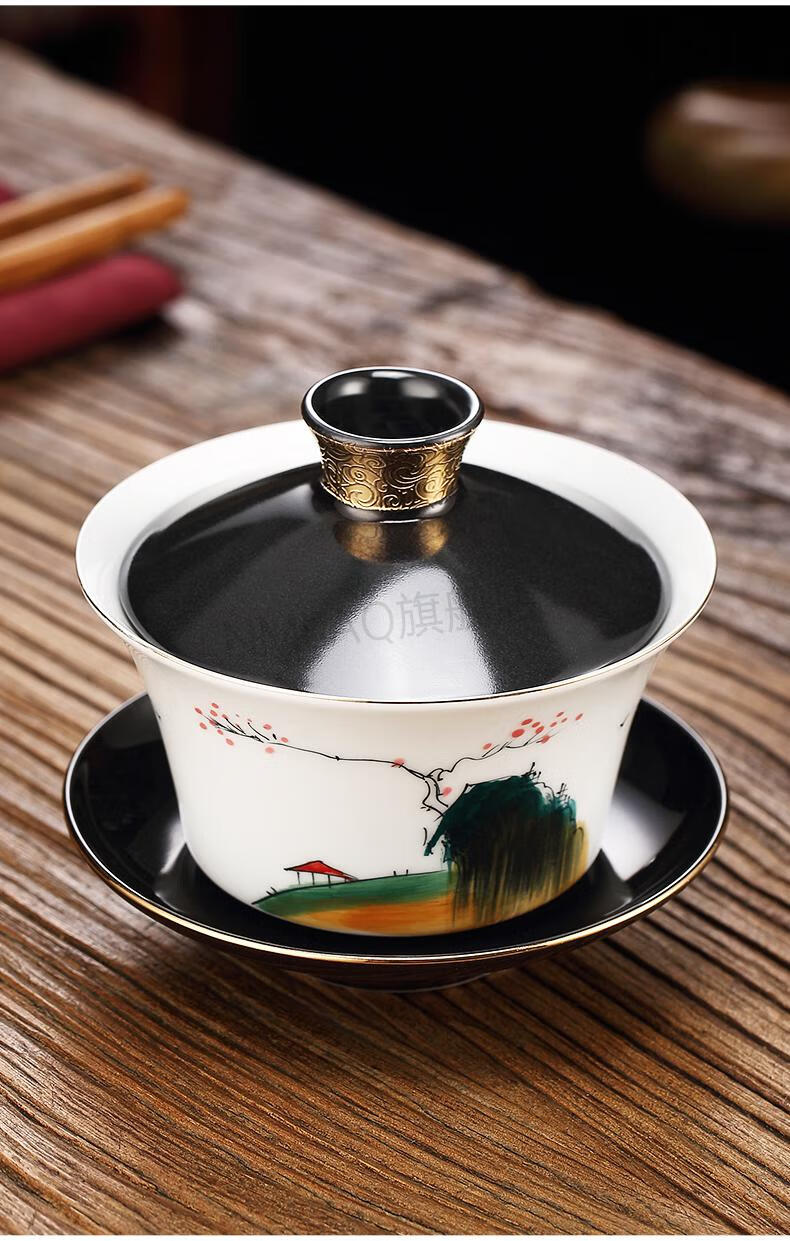 三炮台盖碗茶杯 景德镇八宝茶特大号盖碗300ml 单个茶杯三泡台盖碗