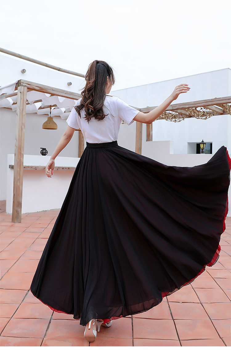 新疆舞裙半身大摆裙两面穿双层雪纺摆蹈高腰540度8米摆长橘黄宝蓝双面