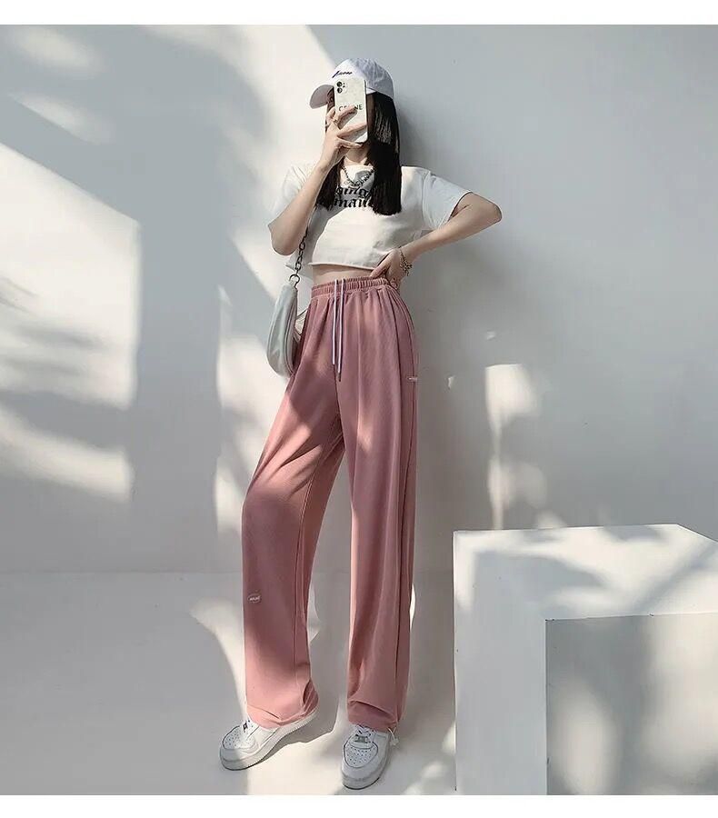 芊依琦粉色运动裤女夏季薄款2021新款宽松直筒阔腿休闲束脚冰丝仙仙