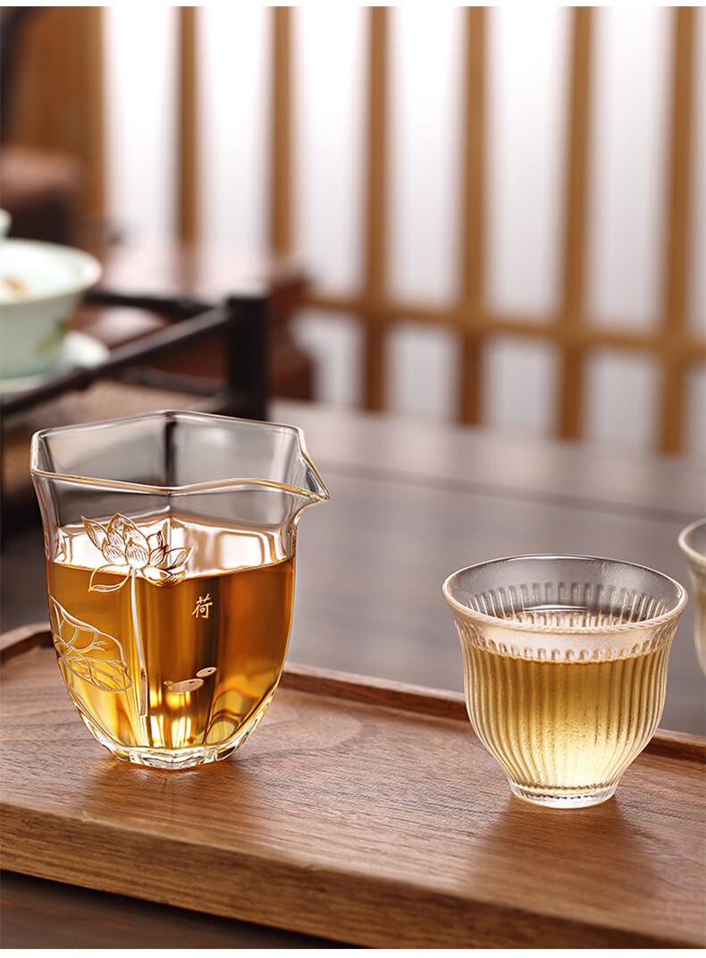 公道杯加厚玻璃公杯家用高档分茶杯功夫泡茶茶具套装茶海主人杯描金绘
