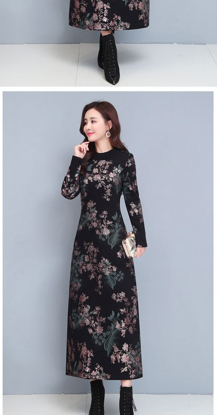 婵妠秋冬季加厚连衣裙女过膝长款中年ma妈新款加绒保暖打底长裙子冬sn