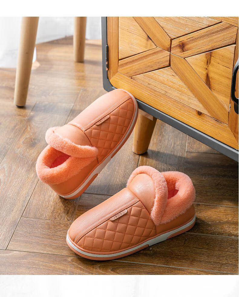 冬天家居pu聚氨酯拖鞋女包跟居家用秋冬皮面防水室内防滑厚底加绒pu