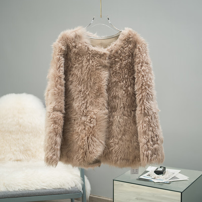 外套女羊毛卷托斯卡纳女冬季款羊毛中长款外套小个子皮草外套 可可色