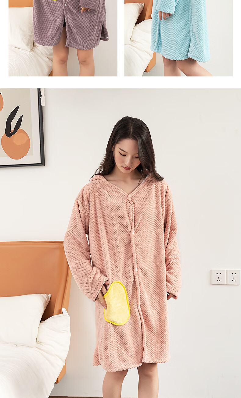 女士可穿家用连帽斗篷浴衣秋冬款长袖菠萝格珊瑚绒浴袍居家服 粉色 90