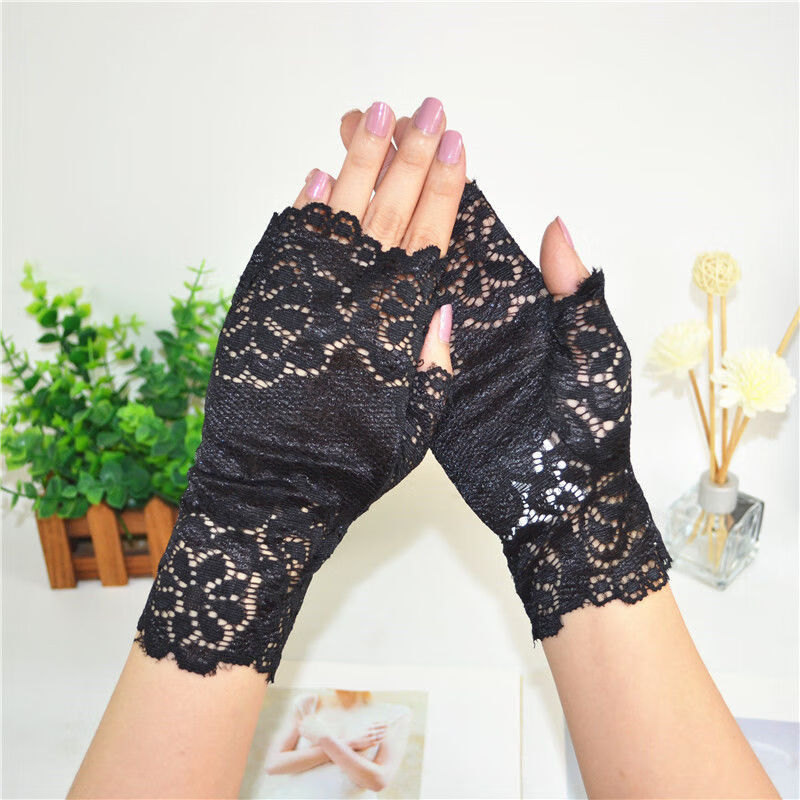 夏季薄款女士蕾丝防晒手套 骑车表演模特队 礼仪露指舞蹈手套 红色1双