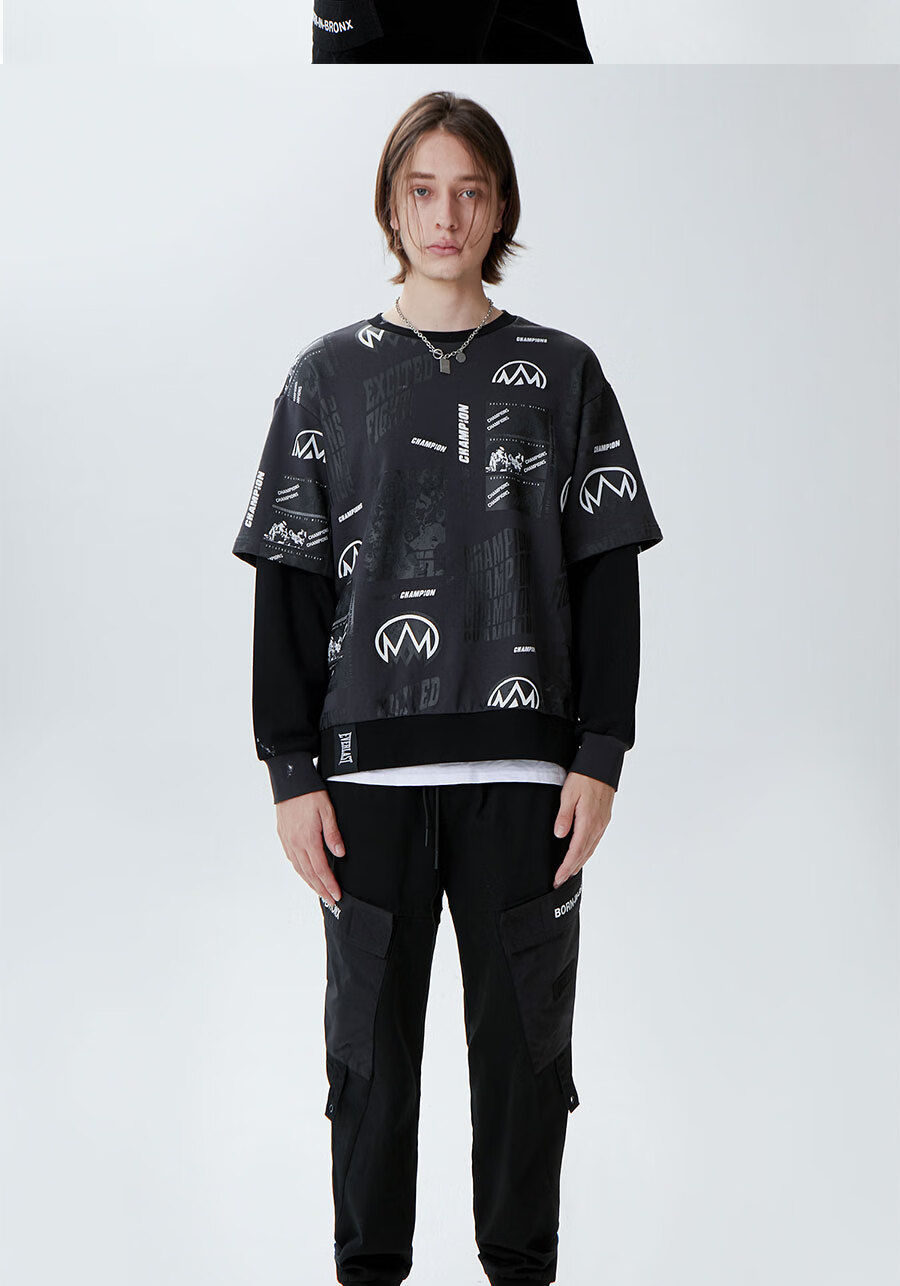 everlast拳击服秋冬新款假两件圆领卫衣户外运动时尚潮流上衣xl