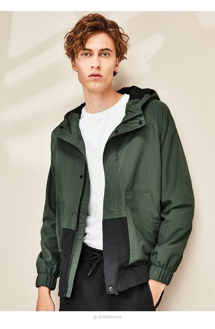 佐丹奴(giordano)外套男装秋冬款上衣撞色插肩袖连帽防水薄款夹克