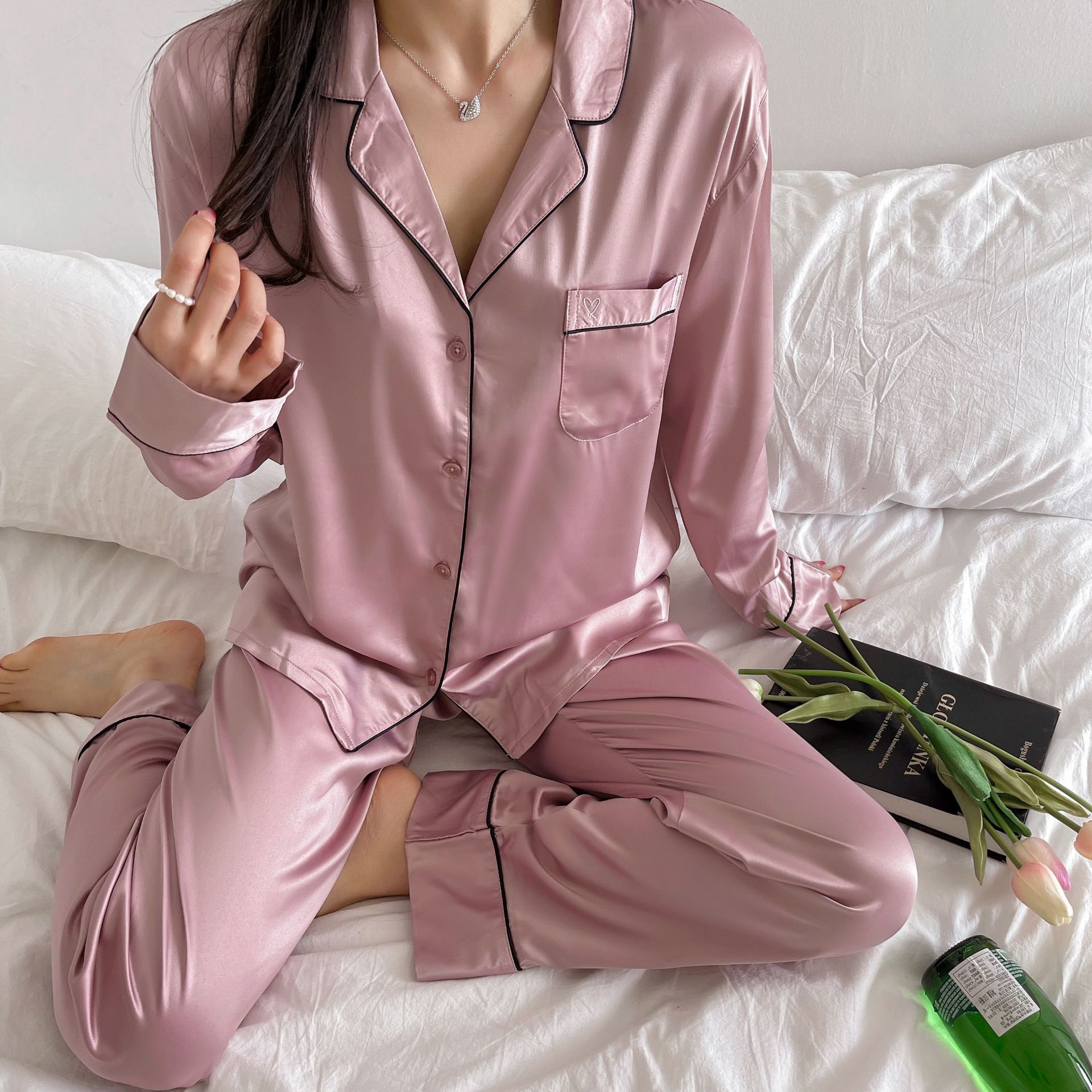 黛安·芬家居服套装维多利亚长袖冰丝秋款网红女睡衣套装欧美ins贡缎