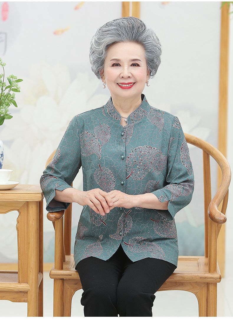 老人衣服奶奶夏衬衣60岁70中老年女套妈妈上衣七分袖衬衫810蓝色上衣